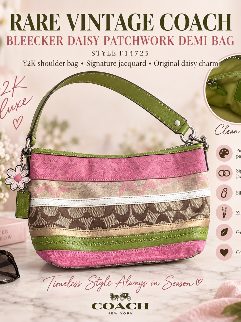 Vintage RARE Coach Bleecker Daisy Patchwork Demi Bag in Pink & Green